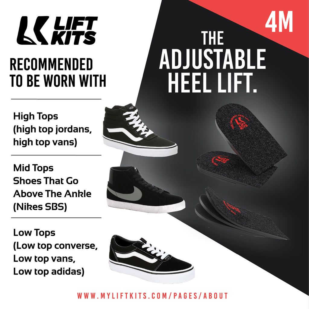 The Original Adjustable Heel Lift from LiftKits is ideal for those with leg length discrepancies, heel spurs, achilles tendentious, or anyone looking for a small lift. Three removable 1/8″ thick layers for optimum heel lift customization.  How to grow taller How to look taller Insoles to increase height Hidden shoe lifts Shoe lifts Hidden wedge Discreet lift Discreet wedge How to increase height Leg lengthening surgery Surgery to increase height.